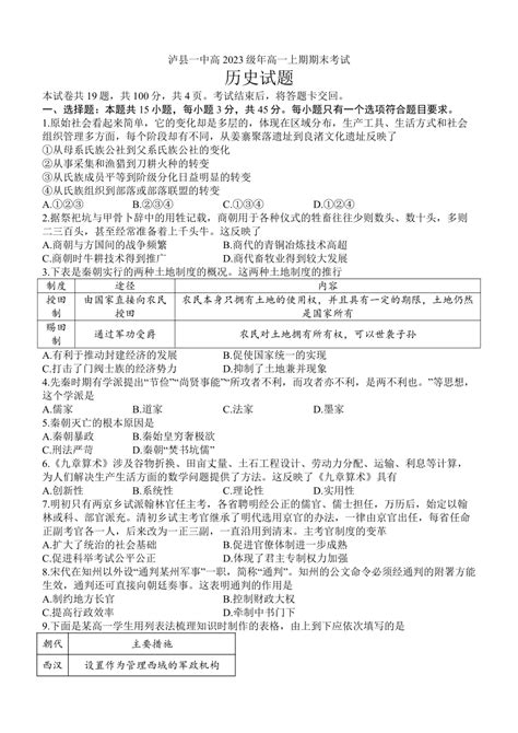 四川省泸州市泸县一中2023 2024学年高一上学期1月期末考试历史试题（含答案） 21世纪教育网