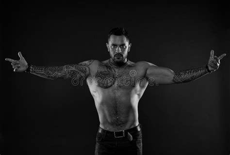 Here I Am Bearded Man With Tattooed Torso Macho Bare Torso Fit Model With Tattoo Art On Skin