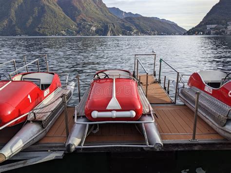 Red Vintage Paddle Boats In Lugano Lake In Switzerland Editorial Stock