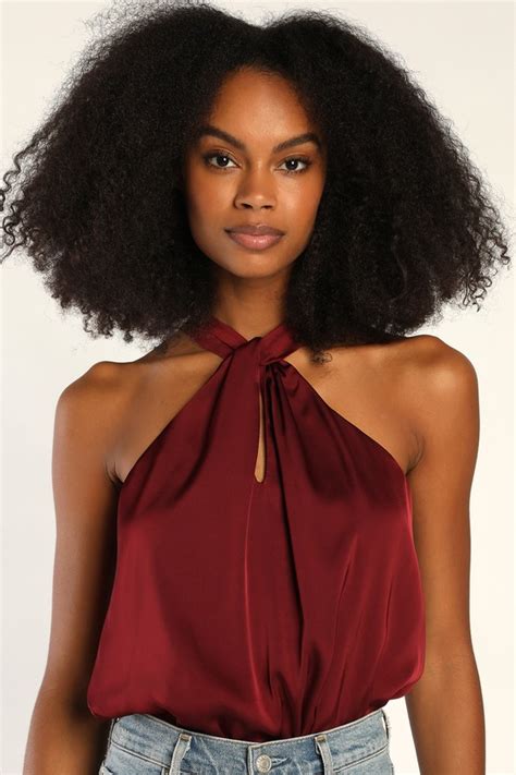 Burgundy Bodysuit Satin Bodysuit Halter Bodysuit Lulus