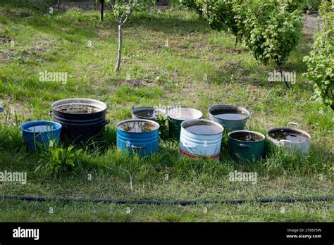 Vieux Grands Pots Et Seaux D Eau Dans Le Jardin Eau Chaude Pour