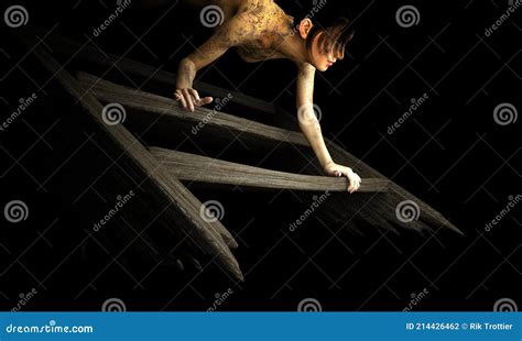 Horror Character Crawling Down Old Stairs Stock Illustration