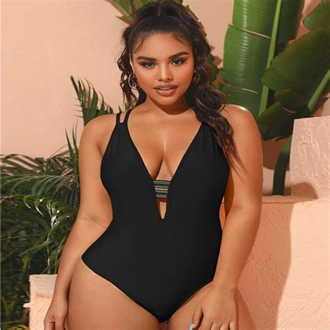 Plus Size Solid String Suit One Piece Swimsuit Elledress