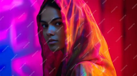 Premium Ai Image A Beautiful Woman Stands In Front Of A Neon Wall On