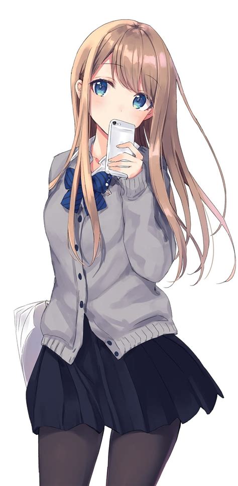 Anime School Girl Brown Hair School Uniform Blue Eyes Smartphone