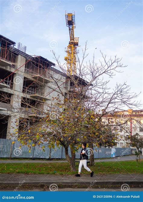 Construction Crane Over an Unfinished House. Economic Crisis. Stopped