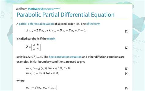 Parabolic Partial Differential Equation From Wolfram Mathworld