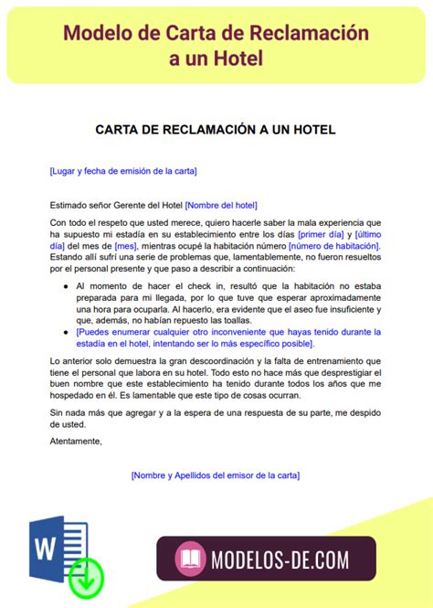 Modelo de Carta de reclamación a un Hotel en Word Gratis