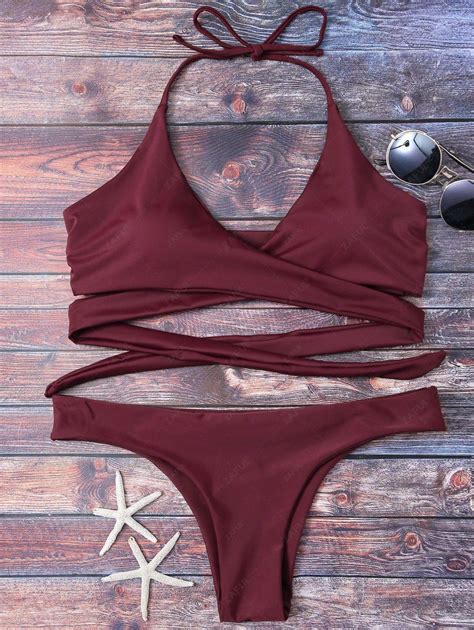 Wrap Tie Crossover Bikini In BURGUNDY ZAFUL 2024