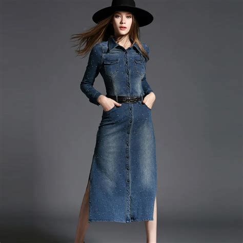 2015 Autumn Women Fashion Denim Long Dress Elegant Casual Maxi Dress