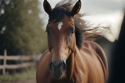 Um cavalo marrom uma mancha branca no rosto está caminhando em um