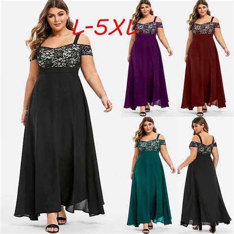 Cheap Women Plus Size Cold Shoulder Floral Lace Maxi Party Evening