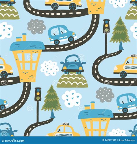 Cute Cartoon Car Seamless Pattern Stock Vector Illustration Of