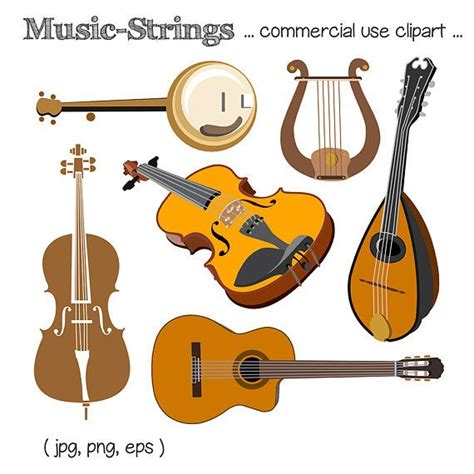 String Instrument Clipart Set: Cello, Banjo, Violin, Guitar, Lute