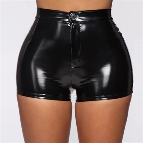 Sexy Womens Black PU Leather High Waist Disco Shorts With Shiny Details