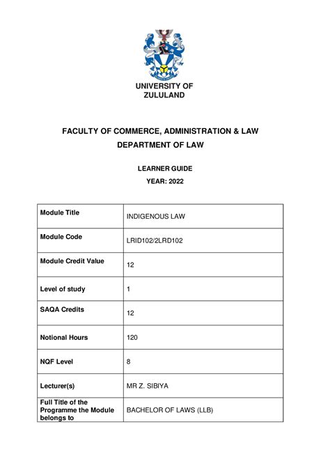 Indigenous Law Study Guide Faculty Of Commerce Administration