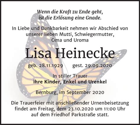 Traueranzeigen Von Lisa Heinecke Abschied Nehmen De