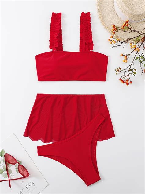 Three Piece Suit Lacy Solid Color Bikini Swimsuit