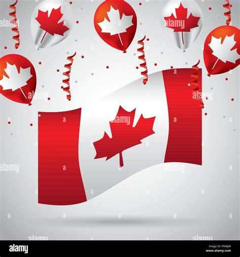 Happy Canada Day Card Serpentines Balloons Leave Maple Wave Flag Vector