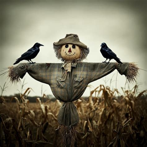 A Scarecrow With Two Birds On His Arms And Two Birds On The Chest