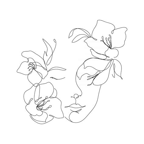 Arte Lineal De Mujeres Y Flores Ni A Con Flores Y Hojas De Dibujo