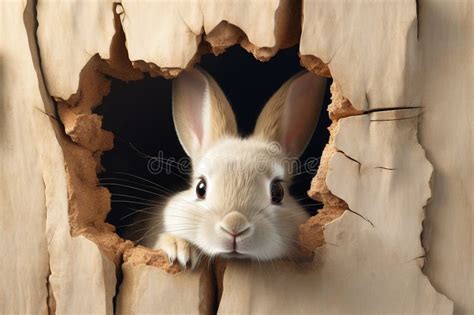 Bunny Peeking Out Of A Hole In Wall Generative Ai Stock Illustration