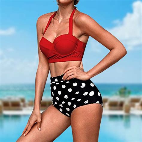 Retro Vintage High Waisted Swim Suits Bikini Set W Adjustable Self Tie For Women EBay