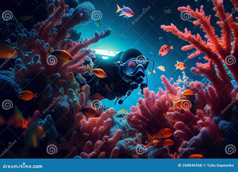 Scuba Diver Swimming In Ocean With Fishes Illustration Generative Ai