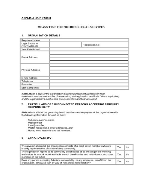 Fillable Online Application Form Means Test For Pro Bono Legal Fax