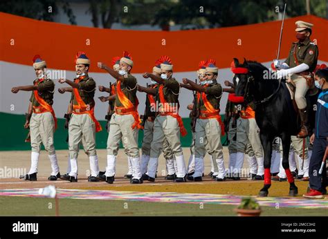 Uttar Pradesh Police Personnel Most Of Them Wearing Masks On Their Chin March During Republic