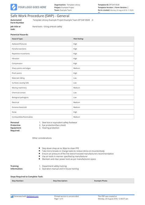 Safe Work Procedure Template Free - Printable Form, Templates and Letter