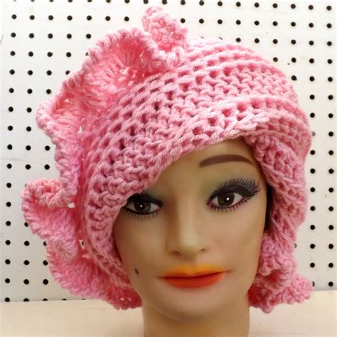 Pink Crochet Hat Womens Hat Ruffle Crochet Beanie Hat Pink Hat