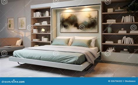 Floating Murphy Bed In Soft Color Palette Room Design Stock