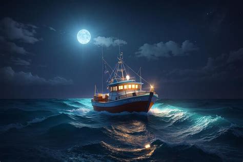 Premium Photo | Fishing boat on the sea with night lights 3d rendering