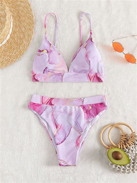 Shein Swim Vcay Marble Print High Waisted Bikini Swimsuit Shein Uk