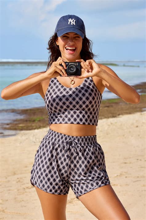 Black Checked Wide Straps Sporty Bikini Top And Boy Short Set