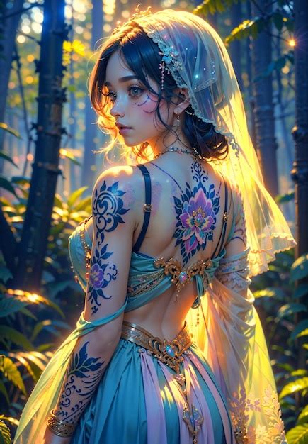 Premium AI Image | Woman with body covered in tattoos in the forest ...