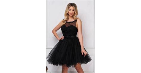 Rochie Neagra De Ocazie Scurta In Clos Din Tul Si Dantela D Cu Cupe