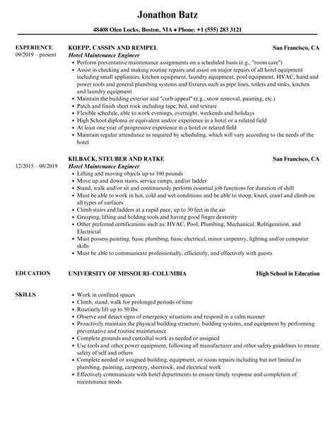 Hotel Maintenance Engineer Resume Samples Velvet Jobs