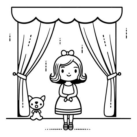 Premium Vector Cute Little Girl Standing On Stage With Red Curtains