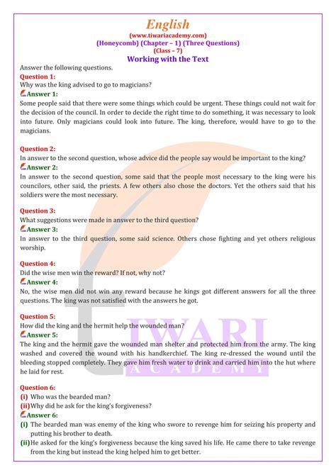 Ncert Solution For Class 7 English Honeycomb Chapter 1 Three Questions