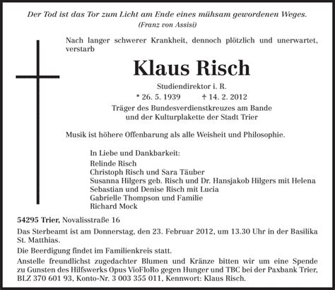 Traueranzeigen Von Klaus Risch Trauerde