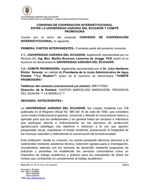 Formato Convenio La Modelo V4 Pdf Ecuador