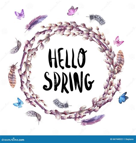 Watercolor Spring Wreath Bouquet With Pussy Willow Stock Illustration Illustration Of Spring