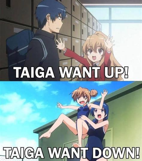 two anime characters with caption that reads, taga want up taiga want down