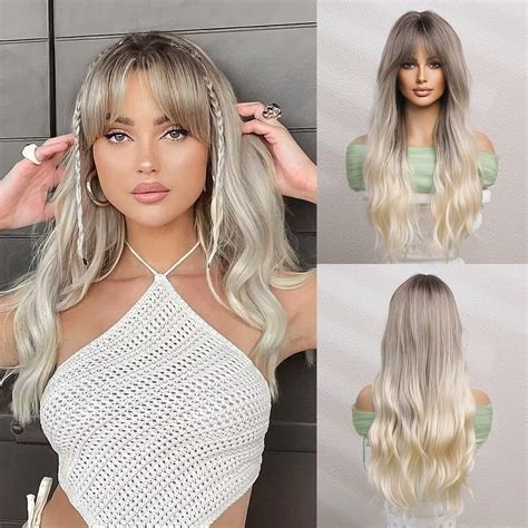 Righton Blonde Wig For Women Long Curly Wavy Ombre Blonde Wig With Bangs Gray Blonde Hair Wigs