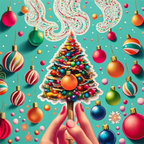 A Painting Of A Christmas Tree Surrounded By Ornaments And Confetti On