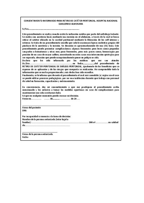 Consentimiento Retiro De Cateter Peritoneal Consentimiento Informado