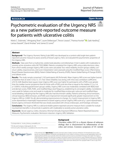 Pdf Psychometric Evaluation Of The Urgency Nrs As A New Patient Reported Outcome Measure For