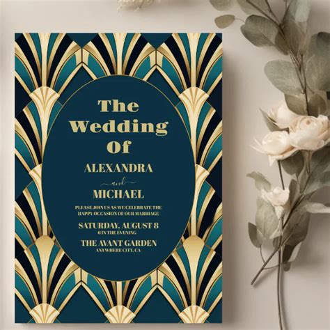 Elegant Blue And Gold Art Deco Wedding Invitation Zazzle